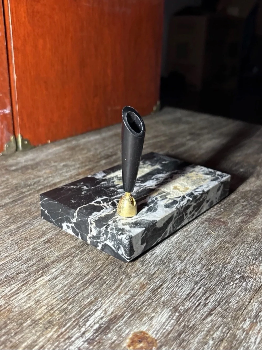 Vintage Onyx Marble Desk Pen Holder w/ Brass Mount – Mid Century
